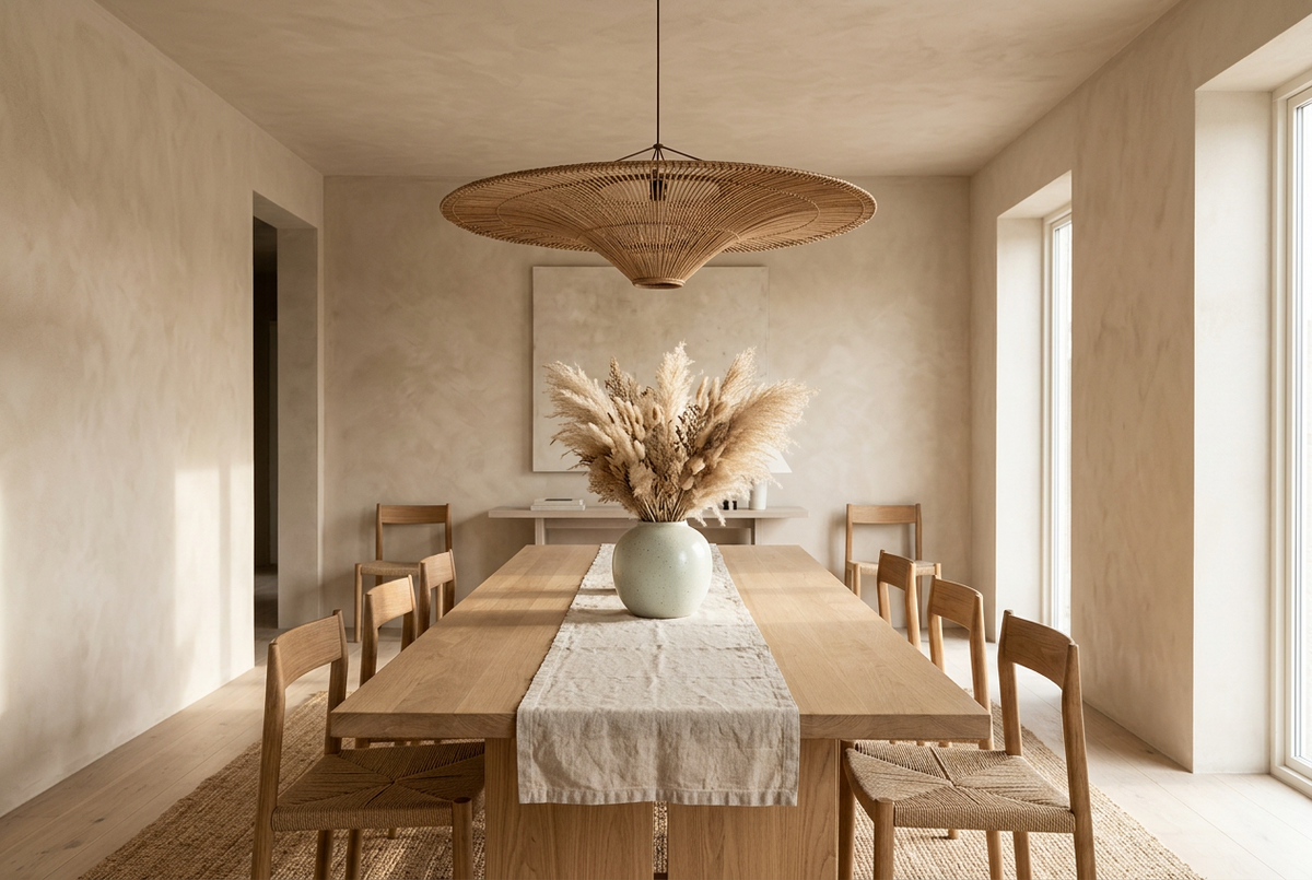 Grande suspension en rotin au-dessus d'une table en bois