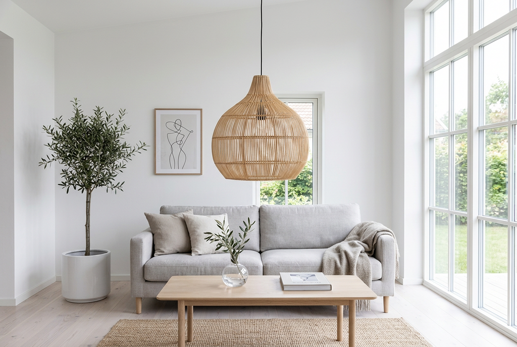 Retro rattan pendant light in a bright Scandinavian living room