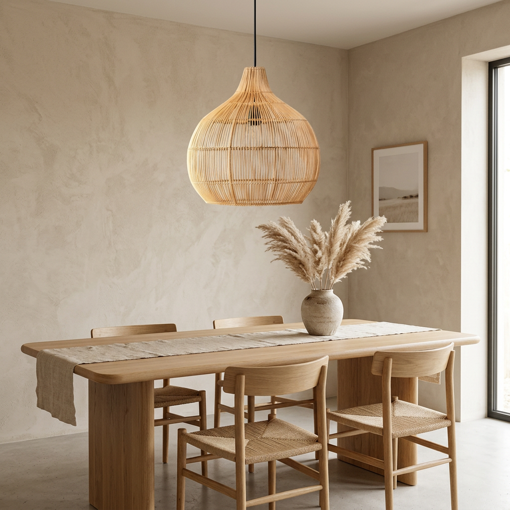 Retro rattan pendant light above an oak dining table in a Japandi dining room