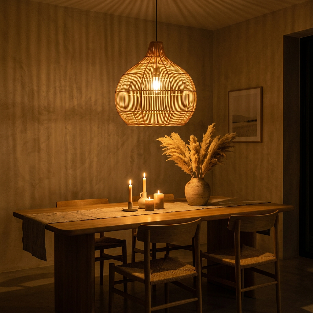 Retro rattan pendant light glowing at night above a dining table, casting soft shadows