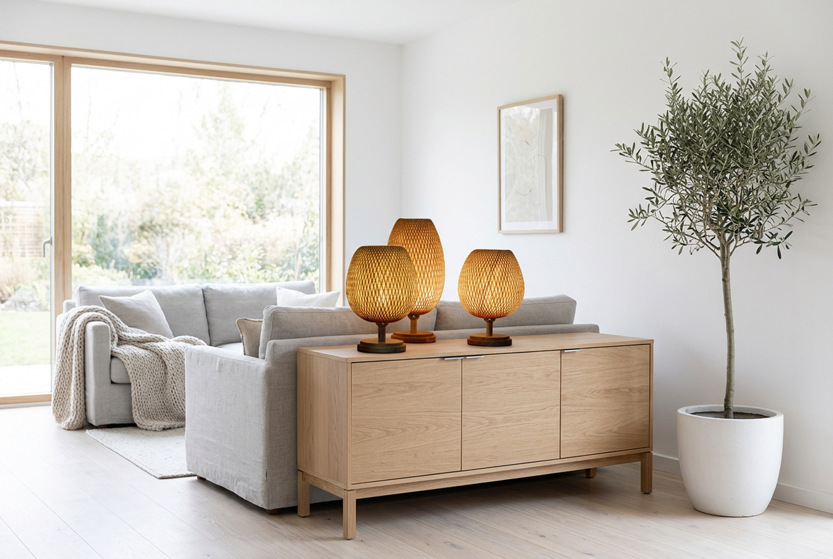 Lanterne bamboo table lamps on a white oak sideboard in a bright Scandinavian living room