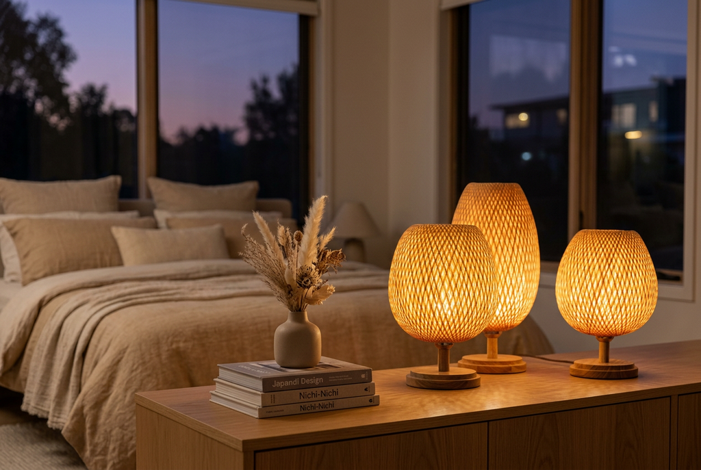 Lanterne woven bamboo bedside lamps glowing on an oak sideboard in a cosy bedroom at dusk