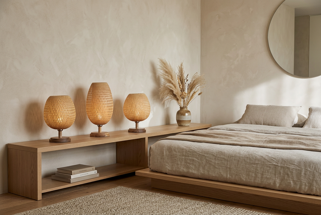 Lanterne bamboo bedside lamps on an oak console in a Japandi bedroom
