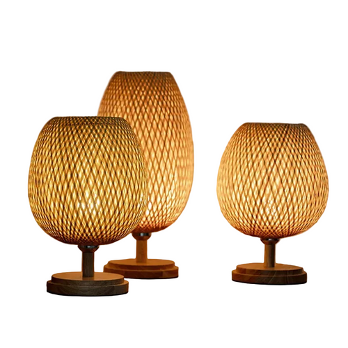 Lanterne woven bamboo bedside table lamps on a white background – Maison Liane
