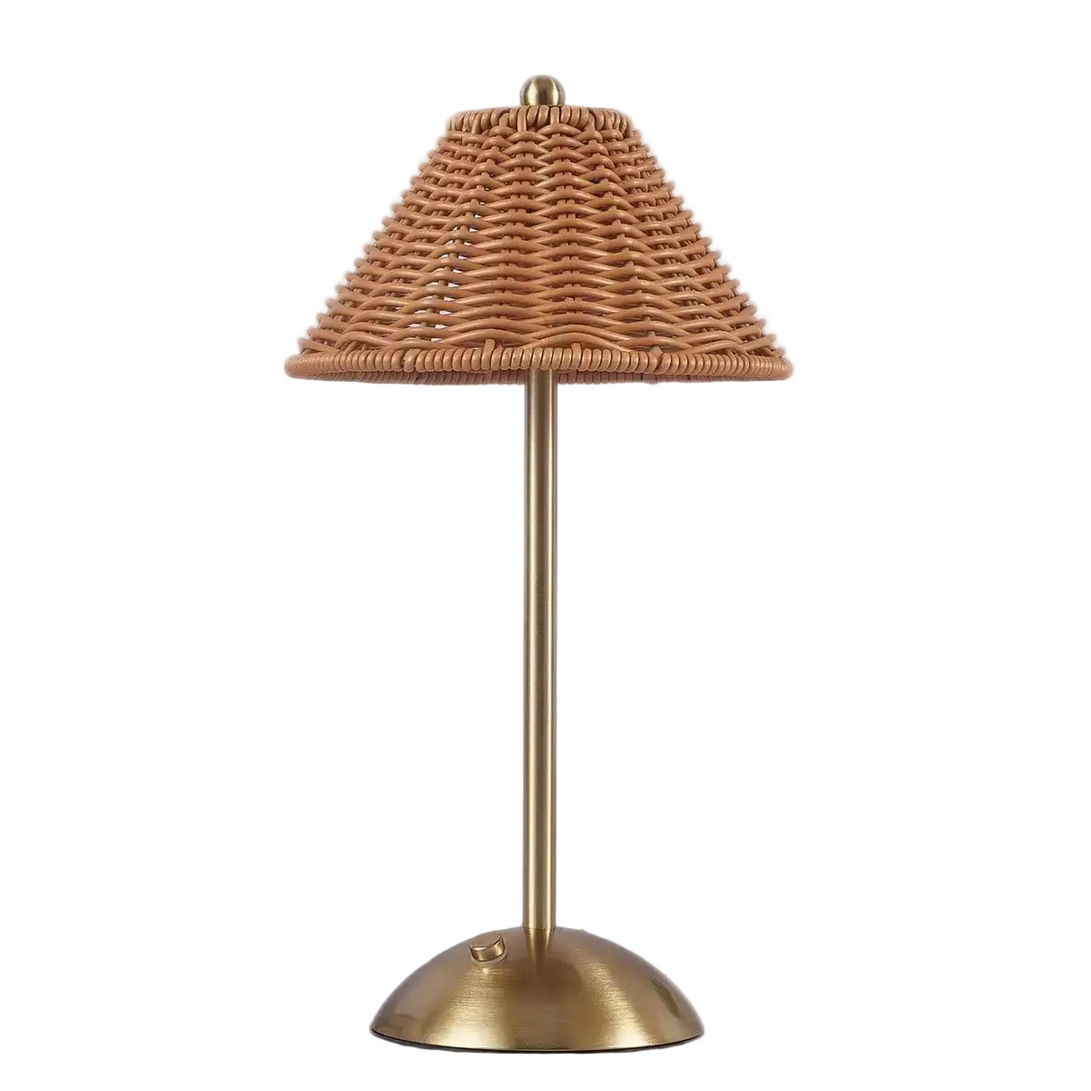 Cordless rechargeable rattan-effect table lamp with brass stand on a white background – Maison Liane