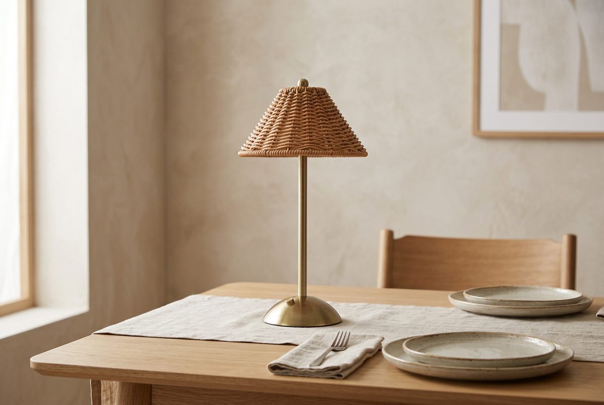 Cordless rattan-effect table lamp on an oak dining table in a Japandi dining room