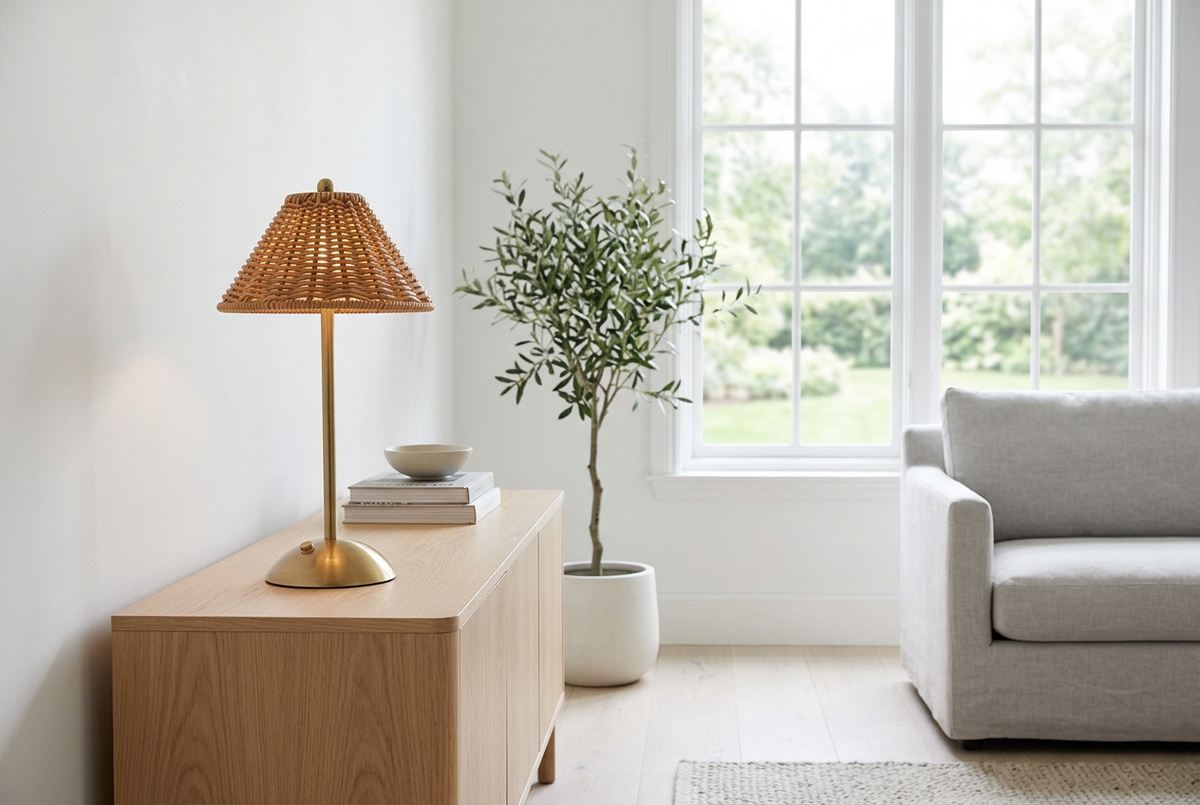 Cordless rattan-effect table lamp on a white oak sideboard in a bright Scandinavian living room
