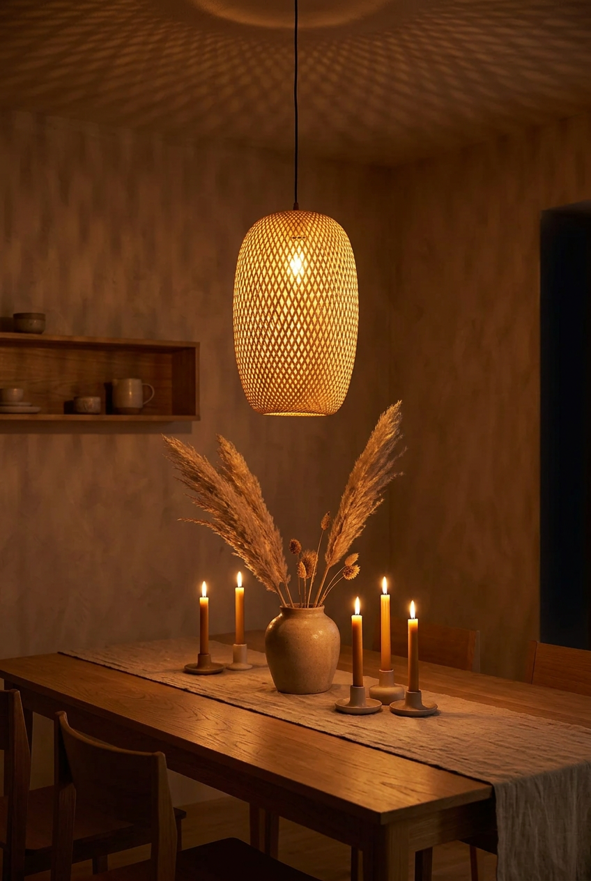 Hana Cocoon bamboo pendant light glowing at night above a candlelit oak dining table