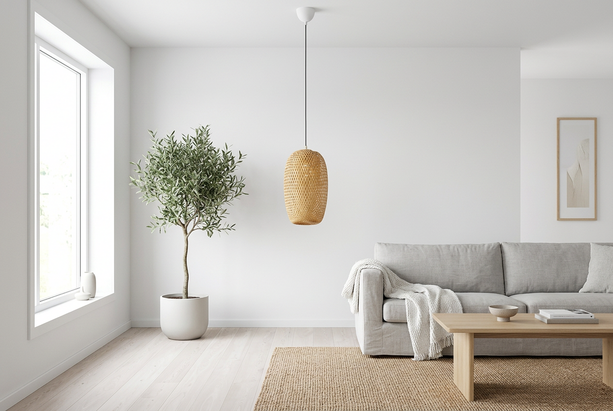Hana Cocoon woven bamboo pendant light in a bright Scandinavian living room