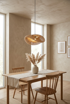 Hana Vague woven bamboo pendant light above an oak dining table in a Japandi dining room