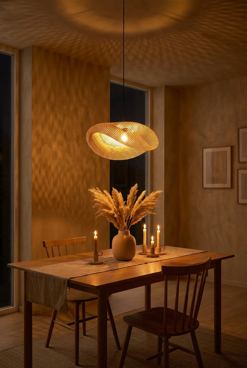 Hana Vague woven bamboo pendant light glowing at night above a dining table, casting soft shadows