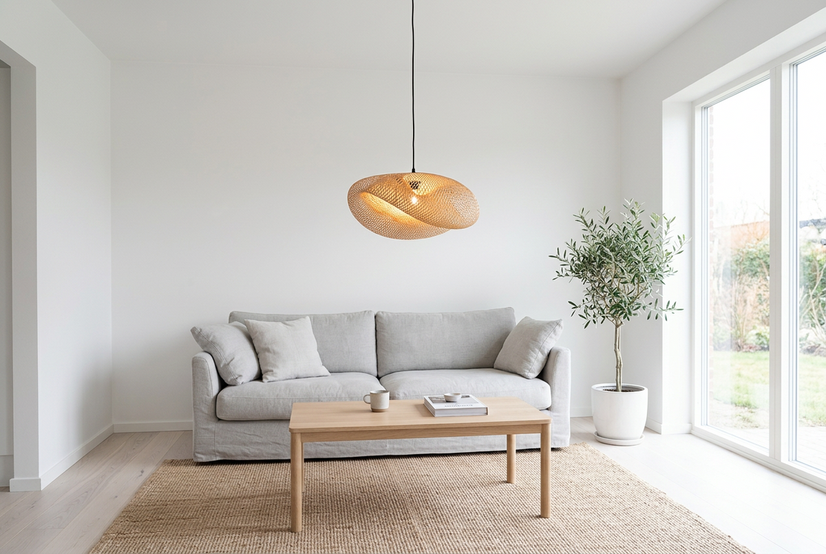 Hana Vague woven bamboo pendant light in a bright Scandinavian living room