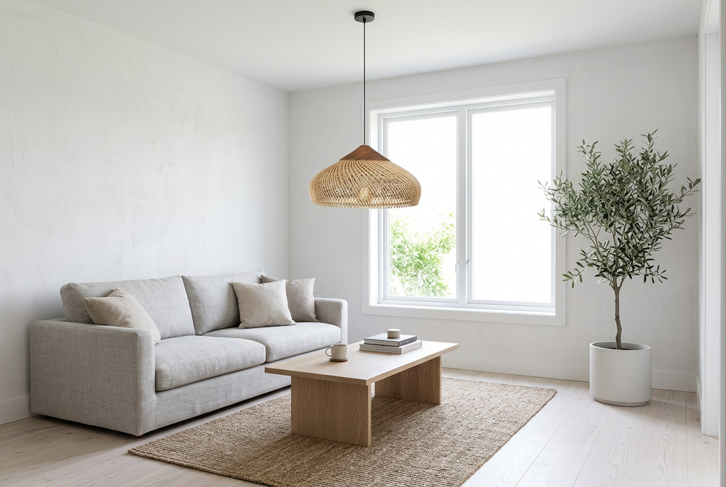Panier Saucer rattan pendant light in a bright Scandinavian living room