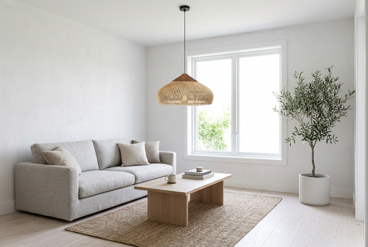 Panier Saucer rattan pendant light in a bright Scandinavian living room