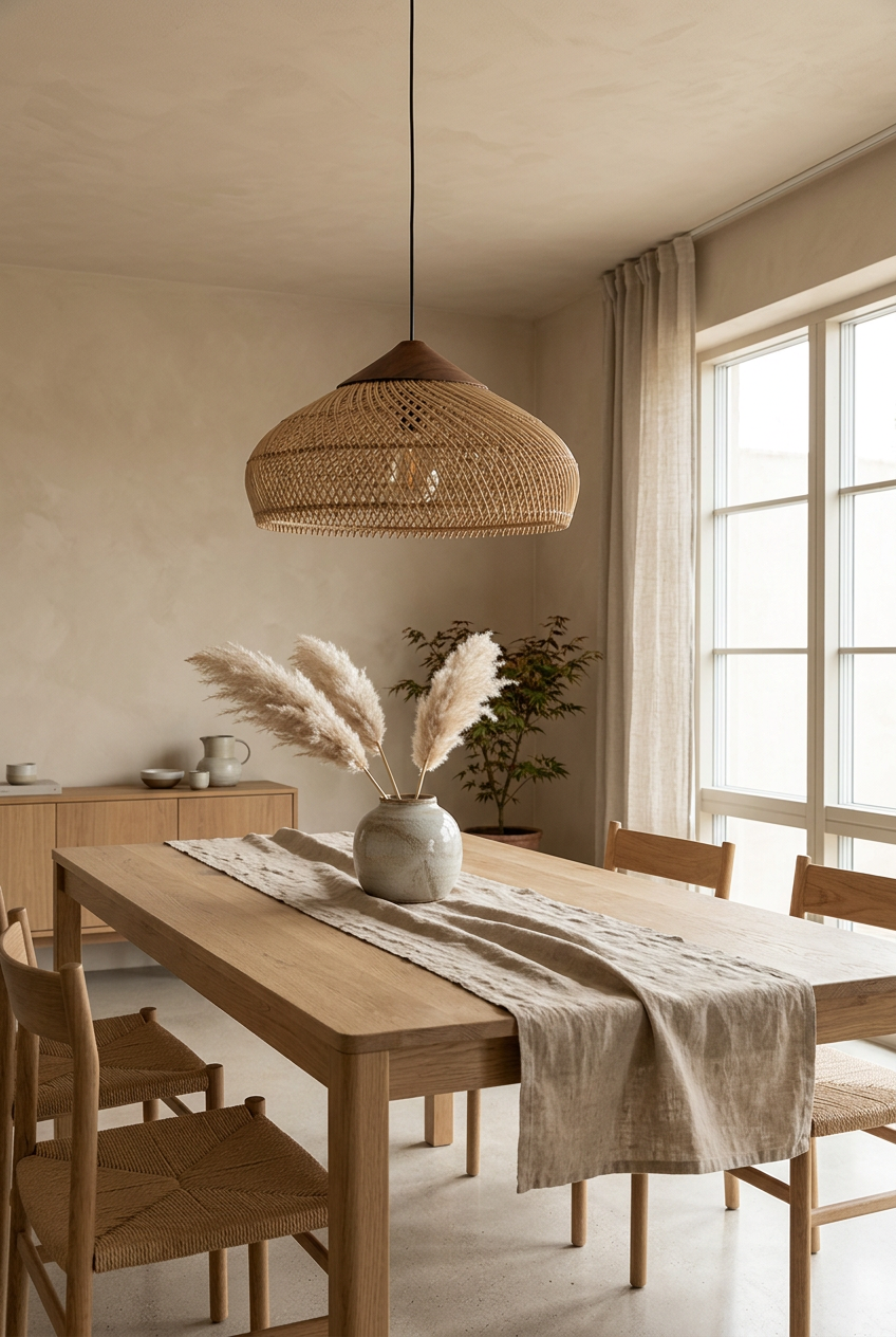 Panier Saucer rattan pendant light above an oak dining table in a Japandi dining room