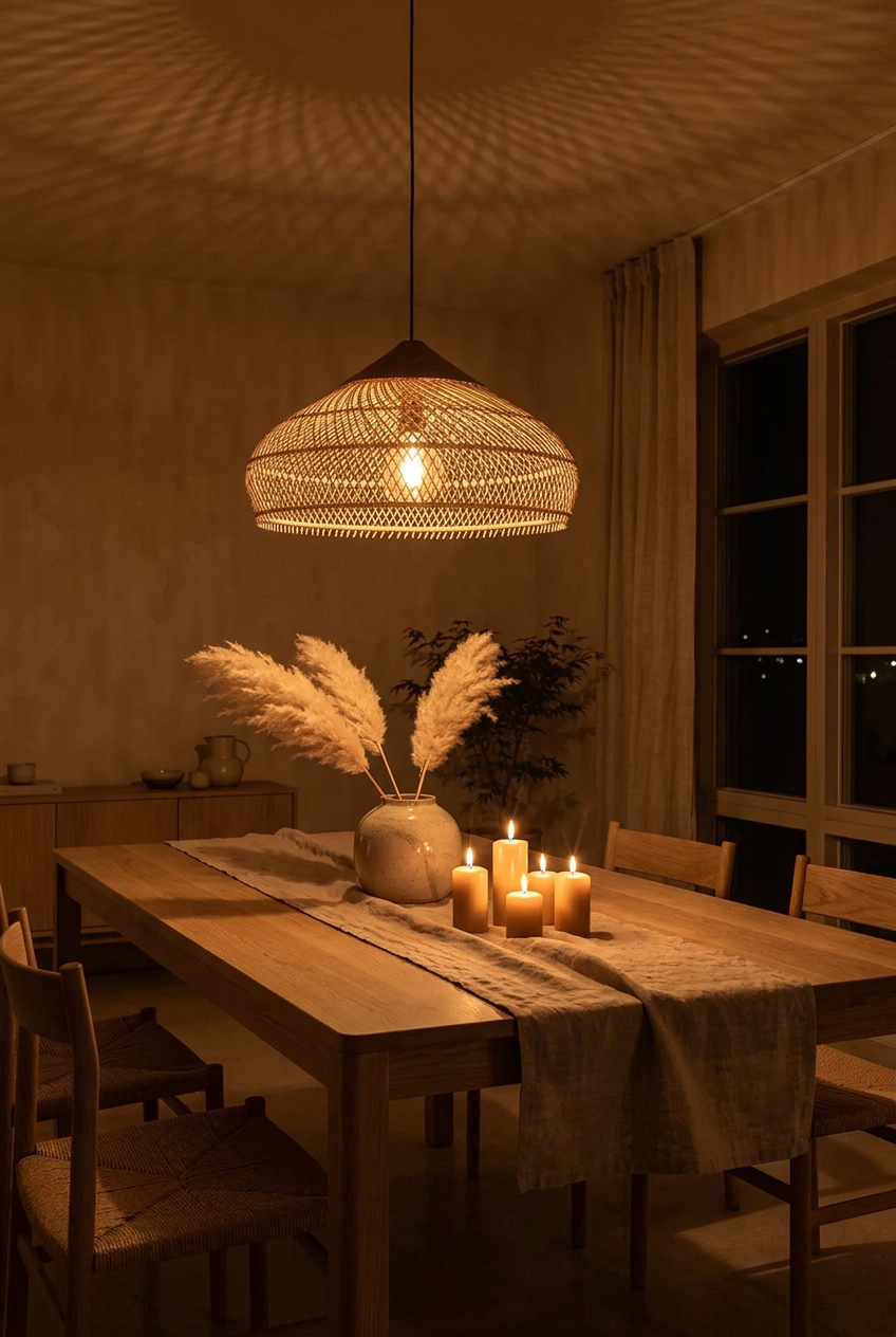 Panier Saucer rattan pendant light glowing at night above a candlelit dining table