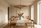 Wabi-Sabi wide rattan pendant light above a long oak dining table in a Japandi dining room
