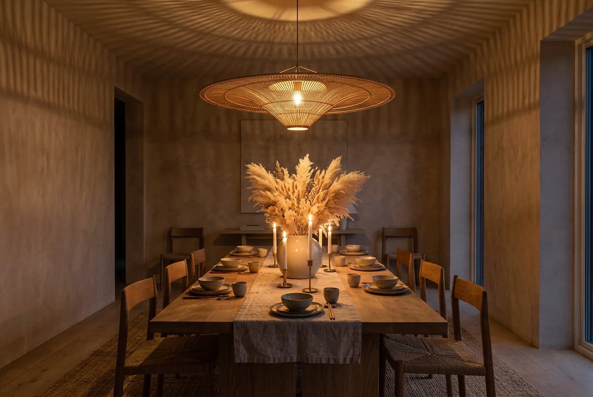 Wabi-Sabi wide rattan pendant light glowing at night above a dining table, casting soft shadows