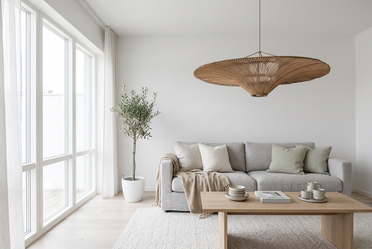 Wabi-Sabi wide rattan pendant light in a bright Scandinavian living room