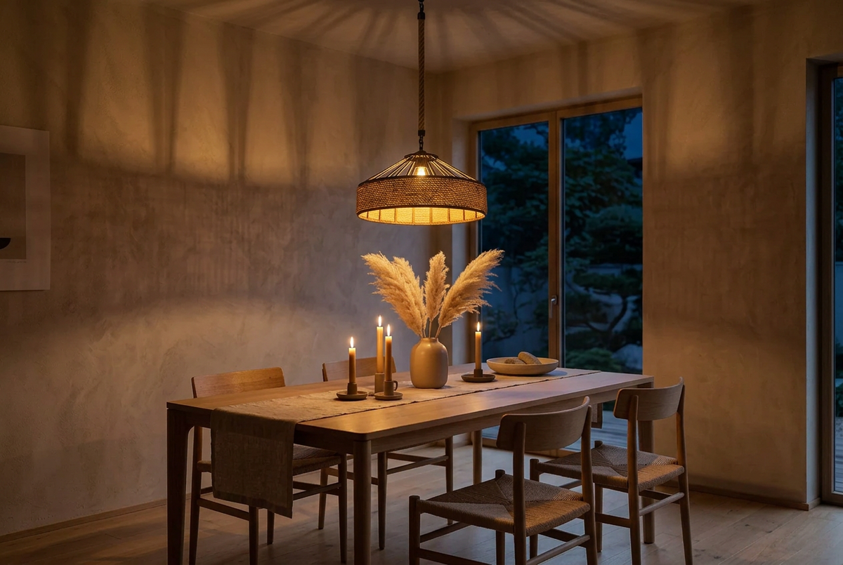 Hana Rope jute pendant light glowing at night above a candlelit dining table