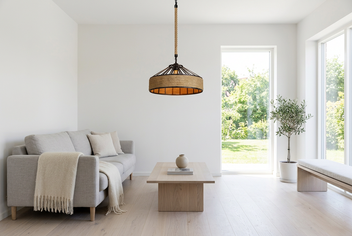 Hana Rope jute pendant light in a bright Scandinavian living room