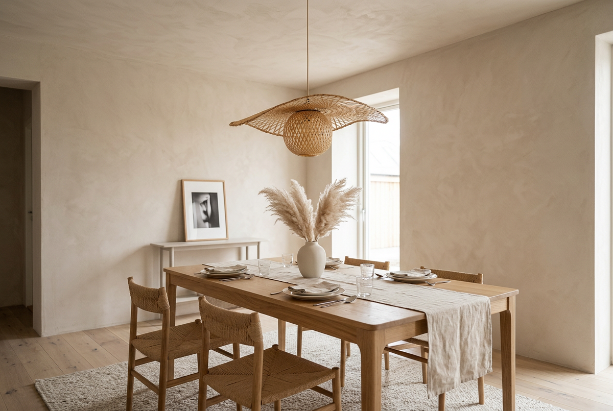 Hana Capeline wide bamboo pendant light above an oak dining table in a Japandi dining room
