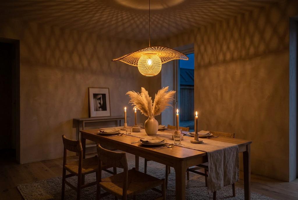 Hana Capeline bamboo pendant light glowing at night above a candlelit dining table