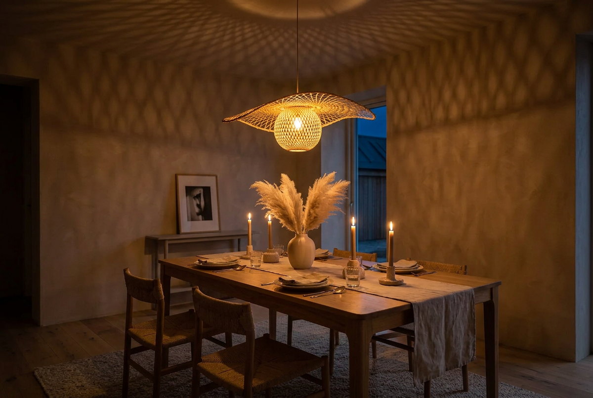 Hana Capeline bamboo pendant light glowing at night above a candlelit dining table