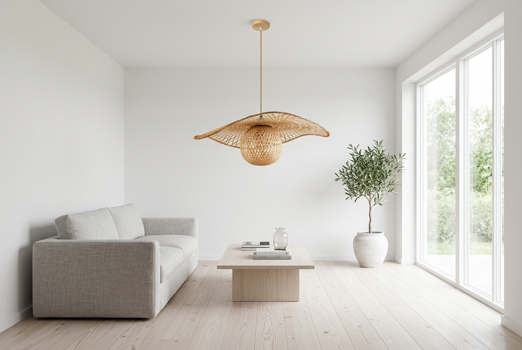 Hana Capeline wide bamboo pendant light in a bright Scandinavian living room