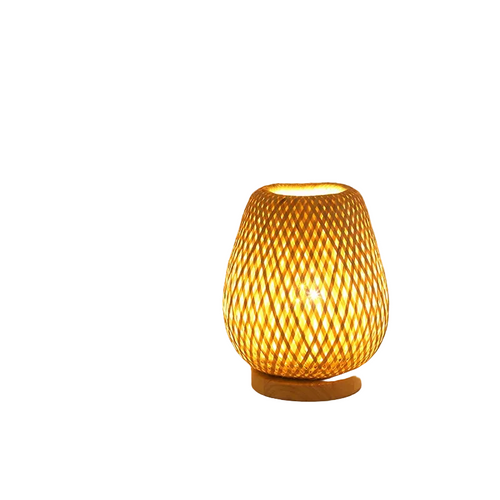 Cocoon woven bamboo table lamp with wooden base on a white background – Maison Liane