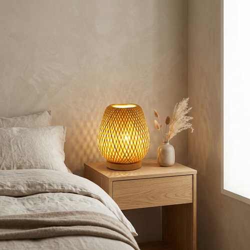Cocoon bamboo table lamp on an oak bedside table in a Japandi bedroom