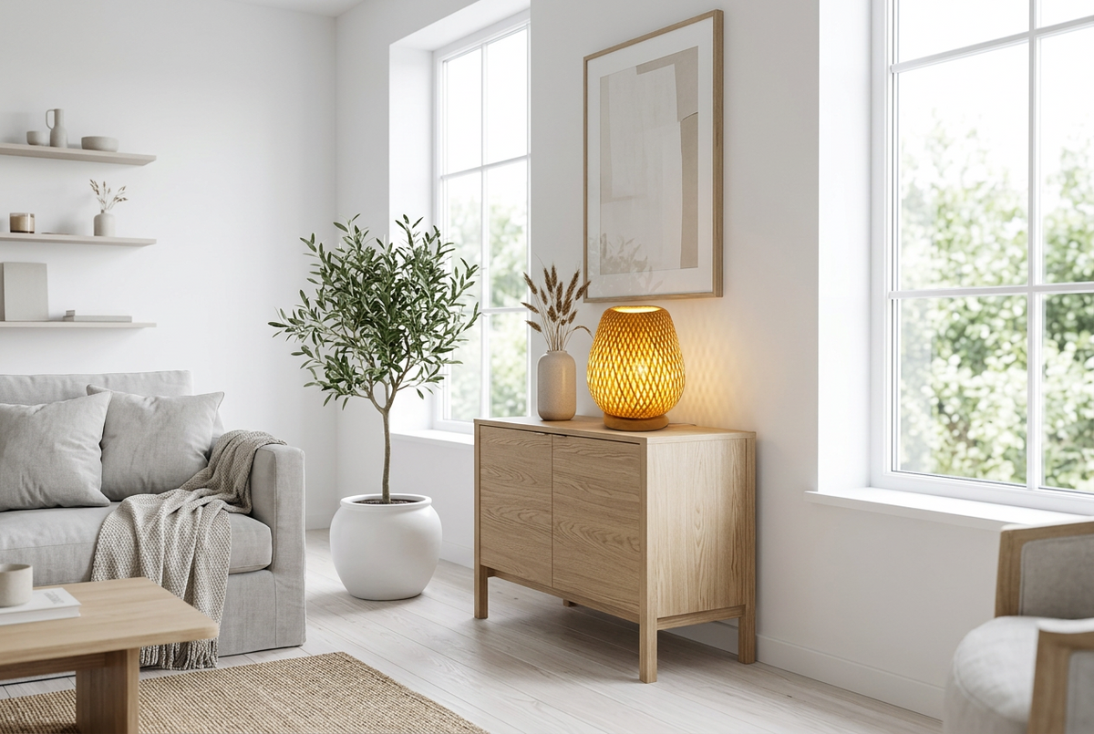 Cocoon bamboo table lamp on a white oak sideboard in a bright Scandinavian living room