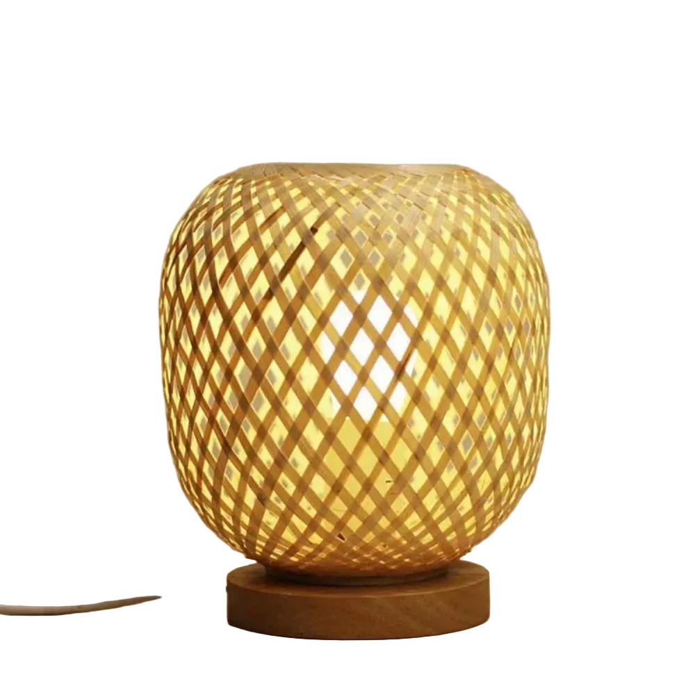 Bambou woven bamboo table lamp with wooden base on a white background – Maison Liane