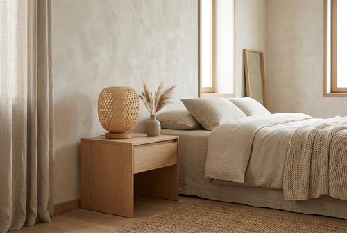 Bambou woven bamboo table lamp on an oak bedside table in a Japandi bedroom