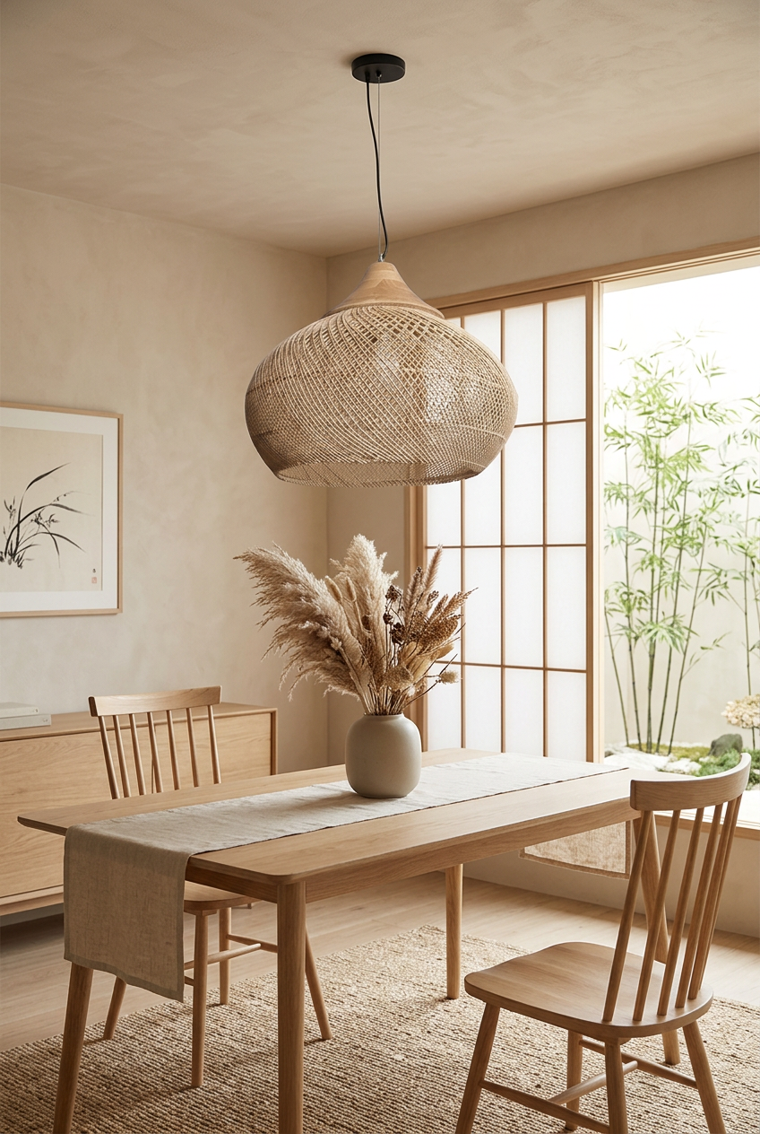 Panier Goutte rattan pendant light above an oak dining table in a Japandi dining room