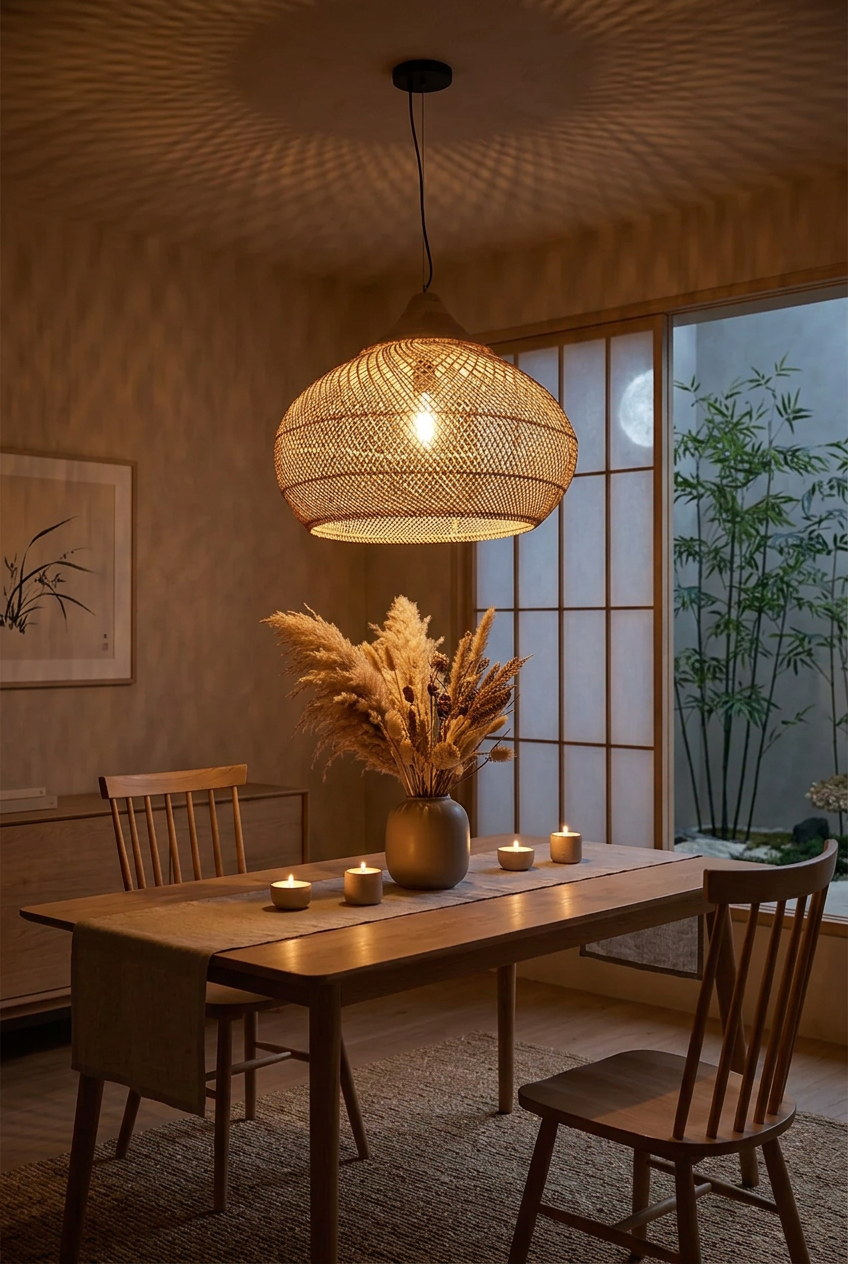 Panier Goutte rattan pendant light glowing at night above a dining table, casting soft shadows