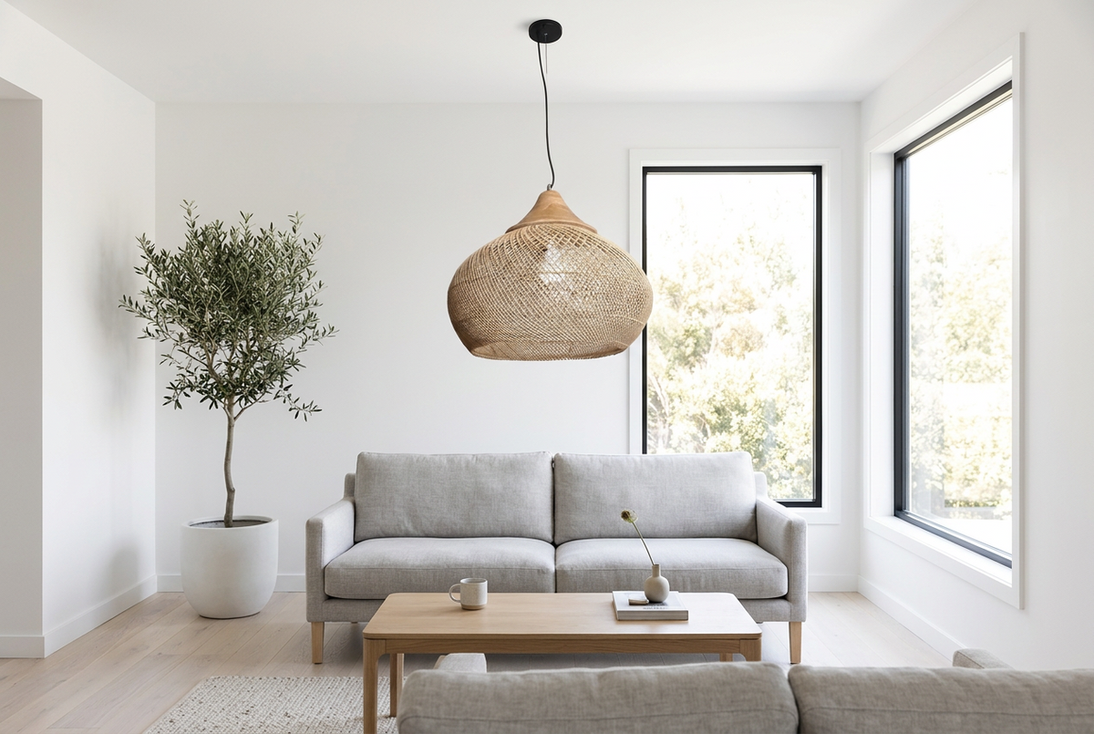 Panier Goutte rattan pendant light in a bright Scandinavian living room
