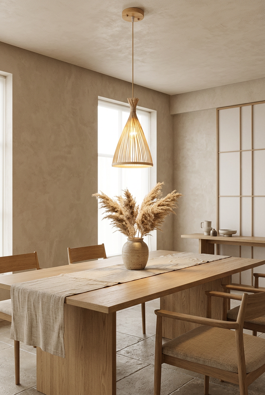 Hana Cone woven bamboo pendant light above an oak dining table in a Japandi dining room
