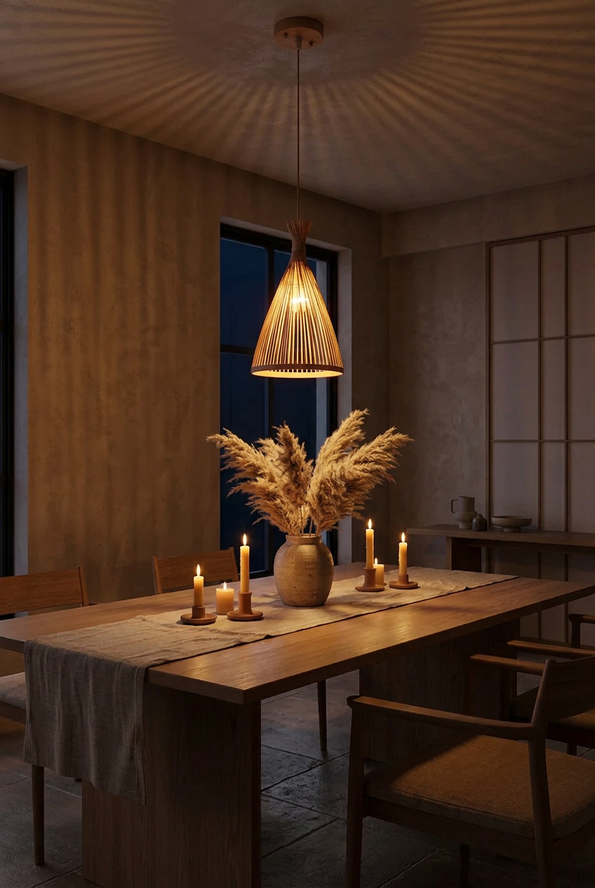 Hana Cone bamboo pendant light glowing at night above a candlelit oak dining table
