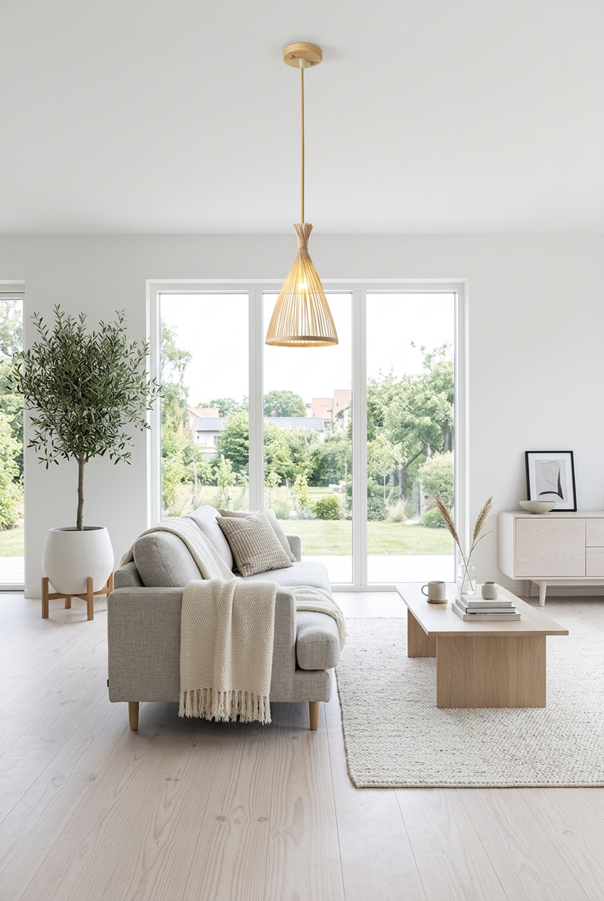 Hana Cone woven bamboo pendant light in a bright Scandinavian living room