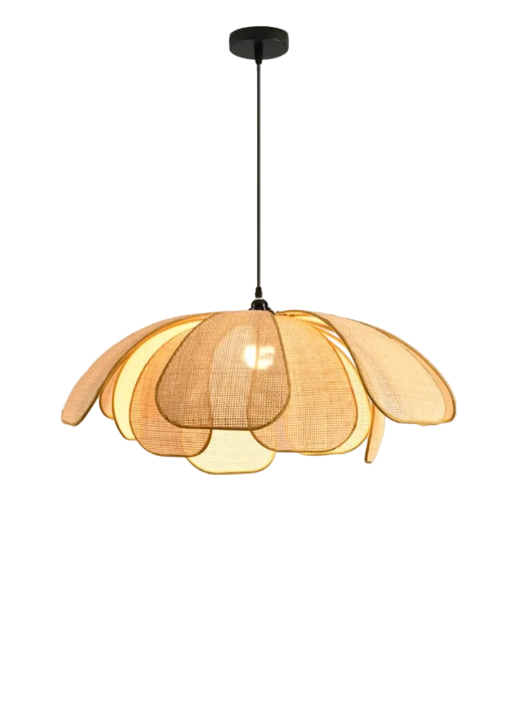Petale rattan flower pendant light on a white background – Maison Liane