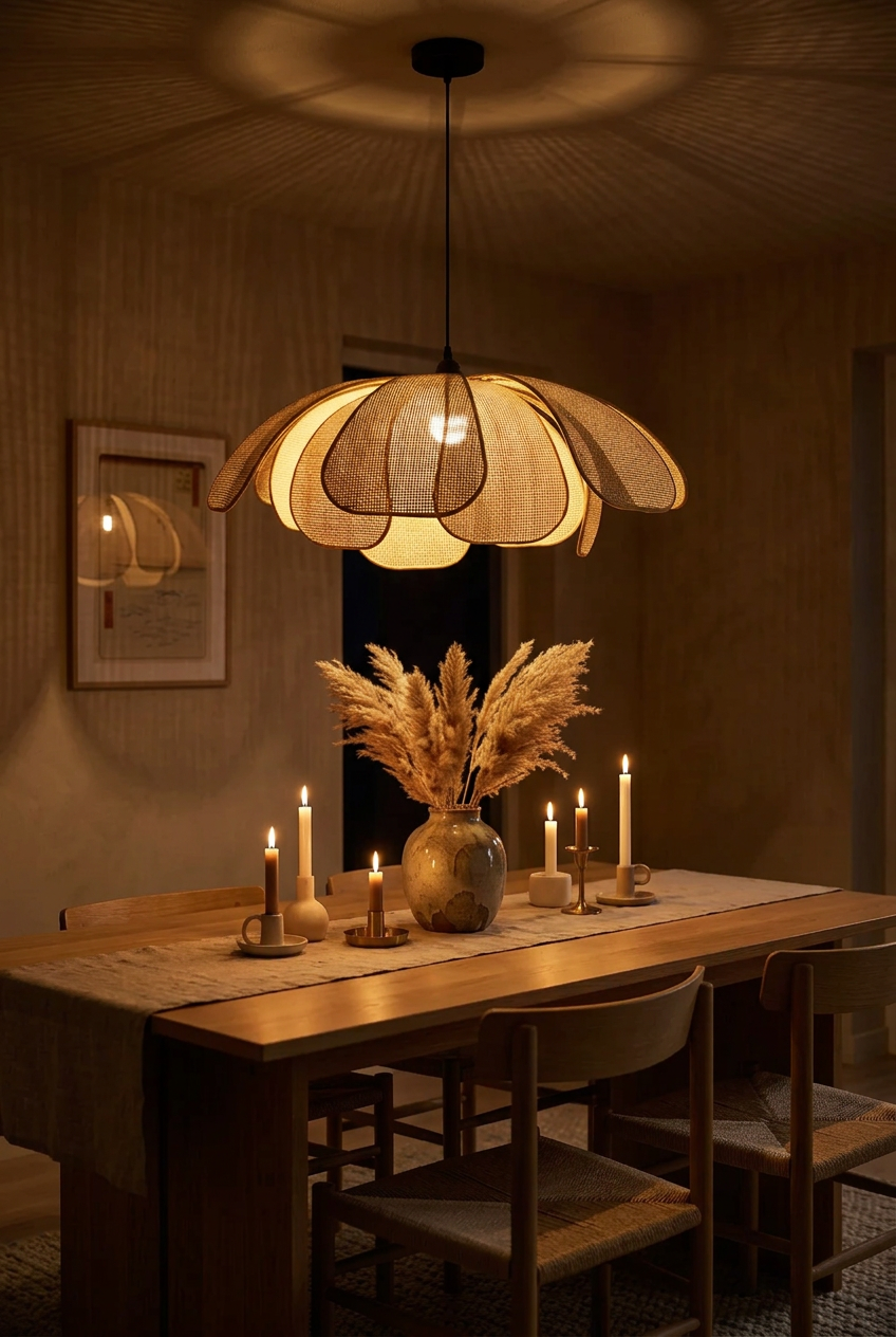 Petale rattan flower pendant light glowing at night above a dining table, casting soft shadows