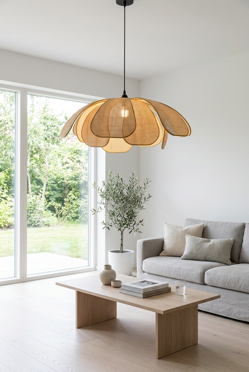 Petale rattan flower pendant light in a bright Scandinavian living room