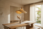 Hana Hat woven bamboo pendant light above an oak dining table in a Japandi dining room