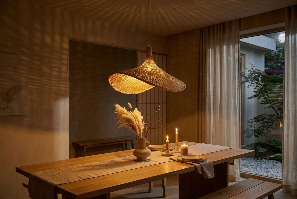 Hana Hat bamboo pendant light glowing at night above a candlelit oak dining table