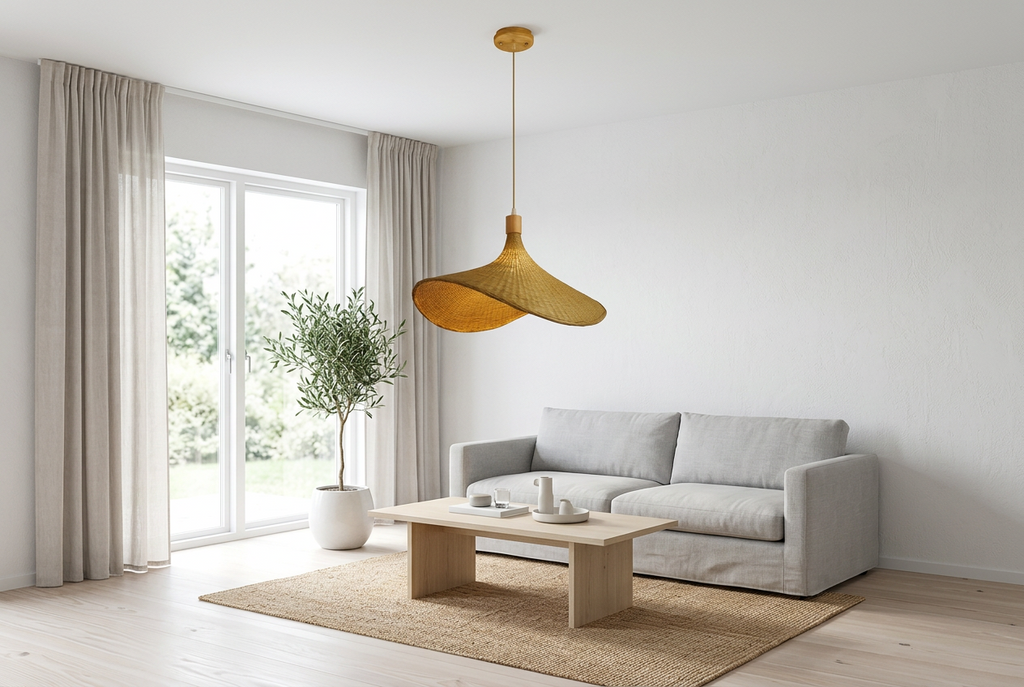 Hana Hat woven bamboo pendant light in a bright Scandinavian living room