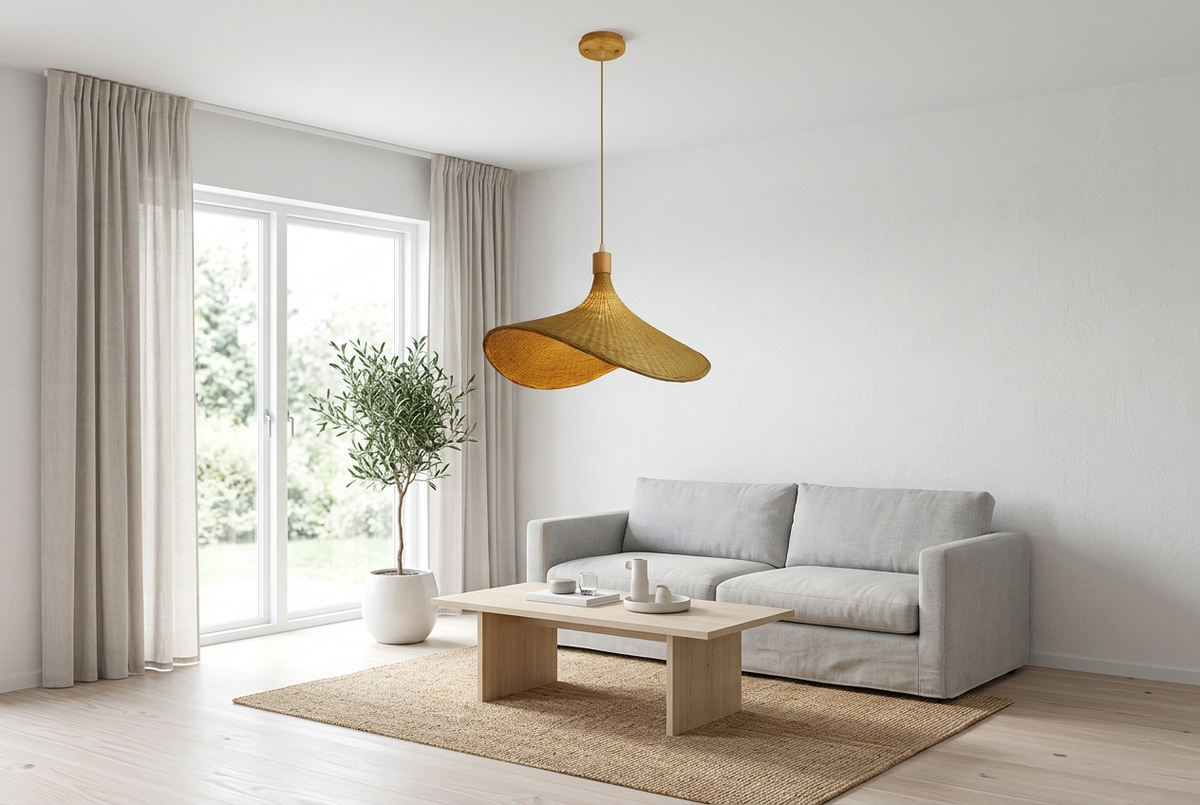 Hana Hat woven bamboo pendant light in a bright Scandinavian living room