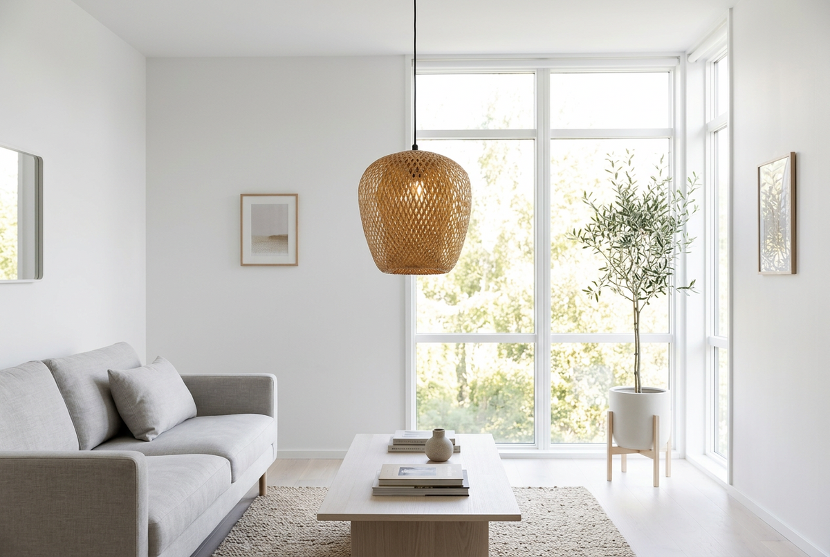 Hana Oval woven bamboo pendant light in a bright Scandinavian living room