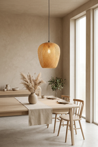 Hana Oval woven bamboo pendant light above an oak dining table in a Japandi dining room