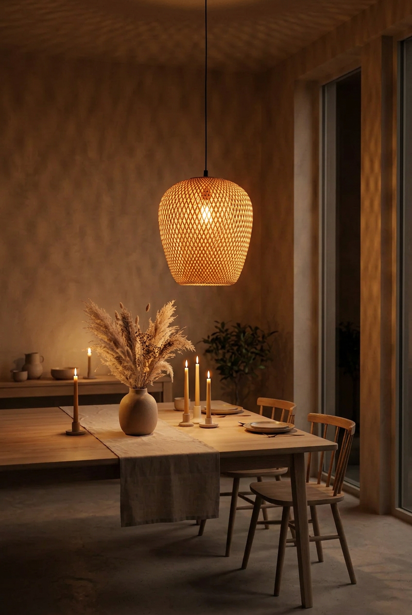 Hana Oval woven bamboo pendant light glowing at night above a dining table, casting soft shadows